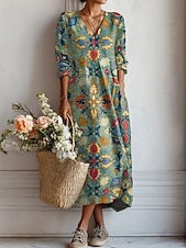abordables Vestidos florales-Vestido Midi de Mujer de Lino Como Vestido de Verano Vestido Casual Fiesta Vacaciones Corte Suelto Gráfico Floral Manga Larga Cuello en V Negro Rosa Verde Verano Primavera