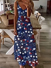  Jour de l'Indépendance Américaine Femmes Robe maxi Robe trapèze Robe Nuisette Vacances Occasionnel Sortir Coupe régulière Graphique Drapeau Américain Sans manches Col en V Bretelles spaghetti Bleu