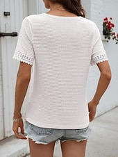 voordelige Effen Blouses-Dames T-shirt Kant Lapwerk Effen Modieus Stijlvol Klassiek Korte mouw V-hals Normale tops Dagelijks Uitgaan Weekend blauw Zwart Wit Leger Groen Groen Zomer Lente