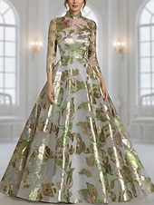 cheap A-Line Evening Dresses-A-Line Floor Length Evening Gown Ball Gown Formal Dress Elegant Floral 3/4 Length Sleeve High Neck Wedding Formal Pocket Jacquard with Pocket