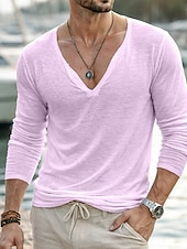 preiswerte Baumwoll-Leinen T-Shirts-Herren Henley Hemd Leinen-T-Shirt Langarm V Ausschnitt Sommer Frühling Einfarbig Vintage Böhmische Lässig Rein Lässig Urlaub Straße Schwarz Weiß Hellgrün Top T-Shirt für Herren