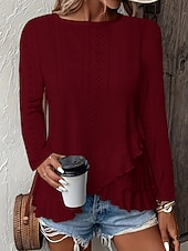 economico Bluse Semplici-Pasqua Per donna Camicia traforata Top traforato Blusa Volant Traforato Tinta unica Elegante Essenziale Casual Manica Lunga Girocollo Top Regolari Casuale Quotidiano Spiaggia Blu Bianco Giallo Vino