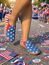  Röda blå patriotiska USA 250-årsjubileums slip-on sneakers för kvinnor - bekväma canvasskor med flaggtryck för fester, parader, avslappnade utflykter och festliga tillfällen