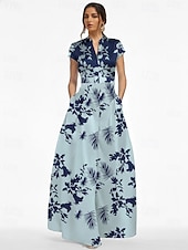 cheap A-Line Evening Dresses-A-Line Floor Length Evening Gown Formal Dress Elegant Silky Short Sleeve V Neck Wedding Formal Satin with Floral Print