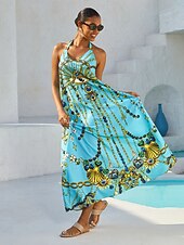 abordables vestido casual estampado-Vestido largo de tirantes de satén sedoso con joyas vintage