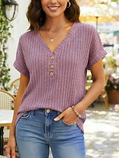 cheap Plain tee-Women's T Shirt Tee Top Solid Color Fashion Stylish Classic Short Sleeve V Neck Regular Tops Daily Going out Weekend Blue Purple Green Khaki Summer Spring