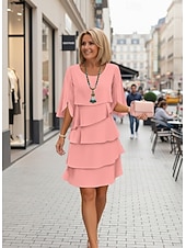 tanie Sukienki z szyfonu-Damskie Sukienka mini Sukienki szyfonowe Sukienka wielowarstwowa Moda Nowoczesny Na zewnątrz Święto Wyjściowe Regularny Równina Rękaw 1/2 Półgolf Niebieski Czarny Rumiany róż Wiosna Jesień
