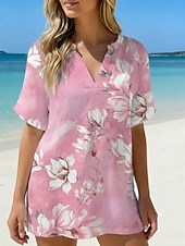cheap Floral Blouses-Women's Shirt Casual Shirt Beach Shirt Blouse Print Floral Graphic Stylish Classic Modern Short Sleeve V Neck Regular Tops Daily Holiday Going out Pink Purple Green Summer Spring