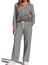 cheap Tracksuits-Women's Sweatshirt Tracksuit Sweatpants Drawstring Pocket Floral Print Jacket and Sweatpants Athletic Clothing Set Loungewear Summer Spring Fall Winter Navy Black Gym Workout Casual Workout Thermal