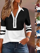 cheap Stripe&amp;Geometric Blouses-Women's Blouse Zipper Striped Stylish Casual Long Sleeve Turndown Regular Tops Daily Blue Black Wine Brown Green Spring Fall