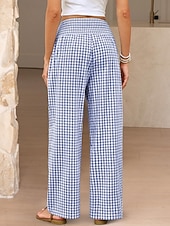 cheap Wide Leg &amp; High Waisted-Women's Wide Leg Chinos Vacation Fashion Streetwear Full Length High Waist Plaid Pocket Elastic Waistband Printing Comfy Comfort Soft Stretchy Daily Outdoor Street Blue Black Yellow Pink Spring Fall