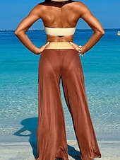 preiswerte 3-teiliges Bikini-Set-Damen Badeanzug Dreiteilig Hose Bademode Gerafft Rückenfrei Urlaub Strandbekleidung Einfach Trägerlos Ärmellos Badeanzüge