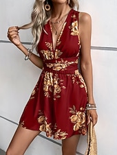 cheap Floral Dress-Women's Mini Dress A Line Dress Halter Dress Vacation Casual Outdoor Going out Regular Fit Floral Sleeveless V Neck Black Wine Navy Blue Dark Green Summer Spring