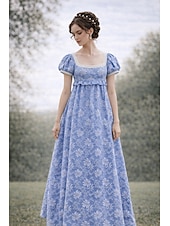 preiswerte Kleid-Retro Vintage Mittelalterlich Renaissance Bodenlang Kleid Ballkleid Kleid im Regency-Stil Puffärmel / Ballon Jacquard Blumen Kostüm Damen Halloween Karneval Abschlussball Hochzeit Maskerade Erwachsene