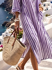 billige Essensielle falske kjoler-dame maxikjole skjortekjole i imitert bomullslin kaftankjole avslappet kjole stilig avslappet daglig ferie stevnemøte normal passform stripete langermet slag gul lysegrønn rød kongeblå sommer