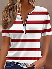 economico T-shirt a righe e geometrico-Per donna Maglietta Cerniera Zip a un quarto Grafico Geometrico Blocco di colori Tropicale Hawaiano Elegante Manica Corta Girocollo Top Regolari Matrimonio in Spiaggia Quotidiano Sportivo Blu Nero