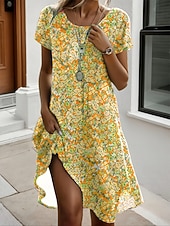voordelige Bloemenjurk-Dames Mini-jurk Zonnejurk T shirt jurk A lijn jurk Vakantie Casual Strandstijl Buiten Strand Uitgaan Normale pasvorm Bloemig Grafisch Korte mouw Ronde hals Goudenrod Geel / Wit Zomer Lente