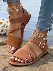 preiswerte Flache Sandalen-Leichte Damen-Sommersandalen – klassische braune flache Sandalen mit Knöchelriemen für Damen, perfekt für Strandbesuche und Alltagsoutfits.