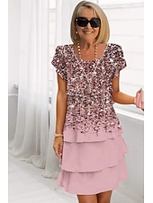 billiga Chiffongklänningar-Dam Midiklänning Sommarklänning Klänning med tryck Elegant Dagligen Normal Blommig Geometrisk Kortärmad Rund hals Ljusgul Ljusrosa Ljusrosa Dammig ros Sommar