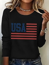 Χαμηλού Κόστους Ημέρα Ανεξαρτησίας Κορυφή-Ημέρα Ανεξαρτησίας Πατριωτικό Γυναικείο T-Shirt Εκτύπωση Γραφικό Σημαία Αμερικανικής Σημαίας Μοδάτο Κλασικό Καθημερινό Μακριά Μανίκια Crew Neck Κανονικά Tops Καθημερινό Μπλε Μαύρο Λευκό Κόκκινο