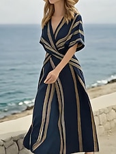 abordables Vestidos a Rayas y Geométricos-Mujer Vestido Midi Vestido de una línea Vacaciones Casual Exterior Noche Ajuste regular Raya Manga Corta Escote en Pico Azul marinero Amarillo Azul cielo Beige Verano Primavera