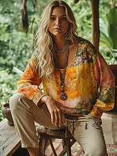 economico Tops Boho-Per donna Maglietta bohémien Maglietta Stampato Floreale Grafico Vintage Etnico Casual Manica Lunga Scollo a V Top Regolari Quotidiano Weekend Abbigliamento da vacanza Arancione Estate Primavera