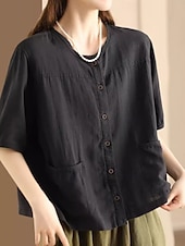 cheap Shirts-Women's Blouse Faux Linen Shirt Pocket Buttons Solid Color Daily Casual Half Sleeve Crew Neck Regular Tops Daily Black White Pink Brown Green Summer Spring