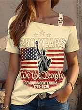 お買い得  独立記念日トップ-アメリカ独立記念日 女性用 Tシャツ プリント アシメントリー グラフィック アメリカの国旗 ヴィンテージ ファッション カジュアル 半袖 ワンショルダー レギュラートップス 日常 お出かけ 週末 ブラック ルビーレッド カーキ色 夏 春