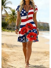  Amerikanischer Unabhängigkeitstag Damen Minikleid Sommerkleid Etui-Kleid T-Shirt-Kleid A Linie Kleid Urlaub Lässig Outdoor Party Ausgehen Lässiger Schnitt Blumen Grafik Nationalflagge Kurzarm V