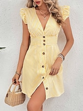 cheap Stripe&amp;Geometric Dress-Women's Mini Dress A Line Dress Summer Dress Casual Daily Regular Fit Striped Short Sleeve V Neck Black Yellow Pink Green Summer Spring