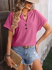 preiswerte Einfarbiges T-Shirt-Damen T Shirt T-Shirt Knöpfe Einfach Mode Stilvoll Klassisch Kurzarm V Ausschnitt Normale Oberteile Täglich Ausgehen Wochenende Blau Schwarz Purpur Fuchsie Grün Sommer Frühling
