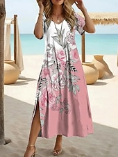 preiswerte Blumenkleider-Damen Maxikleid Freizeitkleid A Linie Kleid Druckkleid Mode Modern Outdoor Strand Urlaub Lässiger Schnitt Blumen Grafik Kurzarm V Ausschnitt Rosa Sommer Frühling