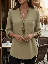 tanie Luksusowe koszule-Damskie Koszule bawełniane lniane Letnie szczyty Bluzka Eleganckie topy Z marszczeniami Niejednolita całość Kieszeń Jednokolorowe Równina Elegancja Zabytkowe damska Rękaw 3/4 Kołnierzyk koszuli