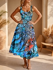 voordelige Boho Jurken-Dames Halflange jurk Zonnejurk A lijn jurk Vakantie Casual Boho Strand Afspraakje Normale pasvorm Grafisch Tribal Mouwloos U-hals blauw Paars Oranje Groen Zomer Lente