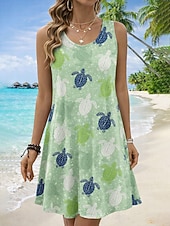 baratos Vestidos Florais-Mulheres Minivestido Vestidos Para o Verão Vestido A Line Vestido de verão Férias Casual Boho Praia Festa Casamento Normal Gráfico Animal Sem Manga Decote U Scoop pescoço Azul Branco Laranja Verde