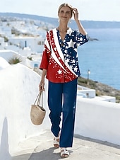  Set di due pezzi patriottico da donna per il Giorno dell'Indipendenza pantaloni bolero top maniche 3/4 colletto a V grafica stampa quotidiana elegante casual vacanza blu bianco rosso estate