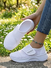 abordables Zapatillas de mujer-Zapatos blancos sin cordones de malla transpirable para mujer: zapatos casuales ligeros para caminar para uso diario, viajes, jardinería y actividades de ocio.