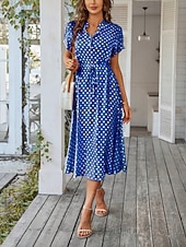 preiswerte Streifen- und geometrische Kleider-Damen Midikleid A Linie Kleid Urlaub Lässig Outdoor Ausgehen Normale Passform Tupfen Kurzarm Umlegekragen Blau Marineblau Weiß Rosa Sommer Frühling