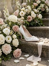 levne Nevěsta-Dámské bílé špičaté boty na vysokém podpatku s květinovou výšivkou - elegantní svatební lodičky pro městské svatby