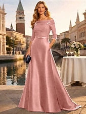 cheap Floor Length-A-Line Floor Length Wedding Guest Dress Formal Dresses Evening Gown Mother of the Bride Dress Half Sleeve Off Shoulder Elegant Minimalist Mother Engagement Formal Evening Chiffon Satin with Ruched