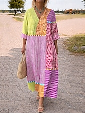 economico Abiti da vacanza-Abito Midi da Donna V Collo Maniche Lunghe Kaftan Leggero Comodo A Line Abito Casual Boho Uscita Grafica Geometrica Strisce Maniche Lunghe V Collo Arancione Rosso Nero Giallo Rosa
