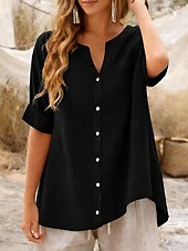 preiswerte Hemden-Damen Bluse Kunstbaumwollleinen Einfarbig Elegant Stilvoll Basic Kurzarm V Ausschnitt Normale Oberteile Täglich Blau Schwarz Purpur Grün Beige Sommer Frühling Herbst