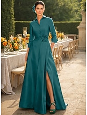 abordables Largo del piso-Corte A Hasta el Suelo Vestido de Camisa Vestido Invitada Boda Vestido formal Vestido de Madrina Manga 3/4 Cuello Camisero Elegante Boda Formal Tafetán Satén elástico con Abertura