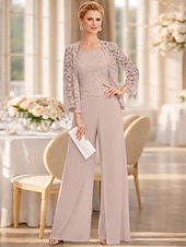 cheap Mom's Jumpsuits-Jumpsuit Pantsuit 3 Piece Floor Length Mother of the Bride Dress Sleeveless Square Neck Elegant Plus Size Formal Wedding Guest Chiffon Corded Lace Wrap Included with Lace Appliques