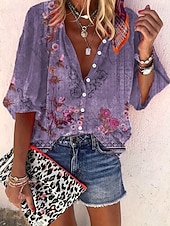 Недорогие Цветочные блузки-Жен. Рубашка С принтом Омбре Цветочный принт Графика Богемия Винтаж Повседневные Рукав 3/4 V-образный вырез Обычные топы Повседневные Праздники Одежда для пляжа