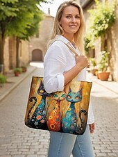cheap Vacation &amp; Travel Bags-Women's Polyester Tote Bag, Large Capacity with Zipper, Multiple Cat Designs, Perfect for Vacations, Shopping, and Everyday Casual Use