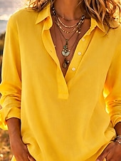 abordables Chemises de Luxe-Femmes Chemisier Chemise en coton 100% Coton Boutons Couleur Unie Élégant Basique Occasionnel manche longue Col de chemise Hauts Réguliers Quotidien Bleu Blanche Jaune Rose Claire Vert Printemps