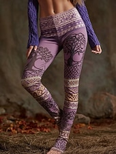 abordables -Femmes Leggings Leggings confortables Vacances ancien Style Ethnique Longueur complète Taille haute Graphique Impression Confortable Élastique Occasionnel Quotidien Vacances Jaune Violet Printemps