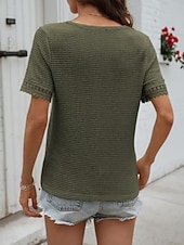 voordelige Effen Blouses-Dames T-shirt Kant Lapwerk Effen Modieus Stijlvol Klassiek Korte mouw V-hals Normale tops Dagelijks Uitgaan Weekend blauw Zwart Wit Leger Groen Groen Zomer Lente
