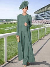 preiswerte Hosenanzüge für Mama-Overall Hosenanzug Dreiteilig Bodenlang Brautmutterkleid Langarm Bateau-Ausschnitt Elegant Übergröße Mit Schal Formell Hochzeitsgast Chiffon Mit Schal mit Perlenstickerei
